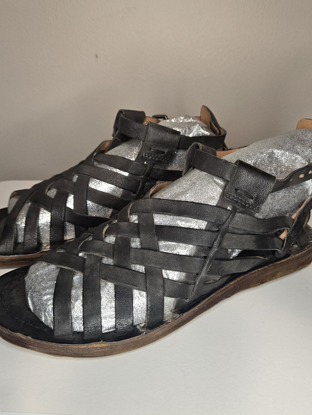 A.S.98 Ralston Gladiator Sandals Black Leather Woven Strappy Goth Boho Sz EU 38
